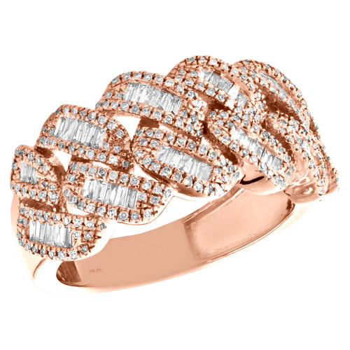 10K Rose Gold Round & Baguette Diamond Miami Cuban Link Ring 13mm Band 0.92 CT.