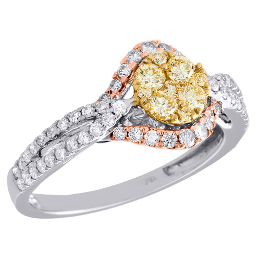 verlobungsring aus 14-karätigem dreifarbigem Gold mit natürlichen gelben Diamanten und Blumen, gebogen, 0,88 ct.