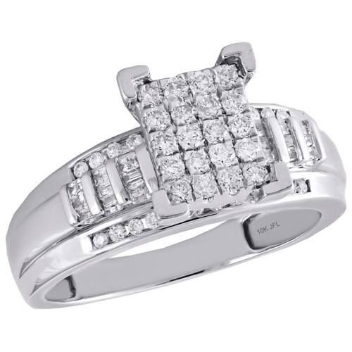 10K White Gold Round & Baguette Diamond Rectangle Cluster Engagement Ring 1/2 Ct
