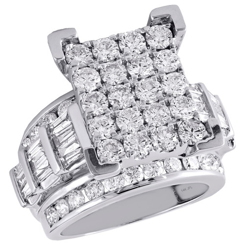 14K White Gold Round & Baguette Diamond Rectangle Cluster Engagement Ring 4 Ct.