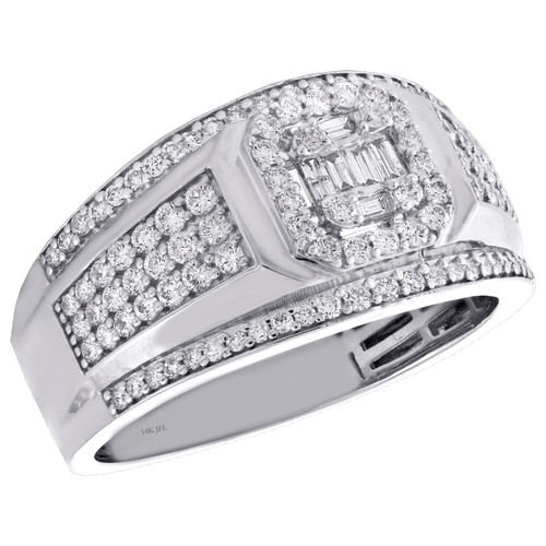 14K White Gold Round & Baguette Diamond Statement Pinky Ring 12.50mm Band 1 CT.