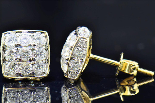 Mens Ladies 10K Yellow Gold 3D Square Real Diamond Domed Stud Earrings 1.85 Ct.