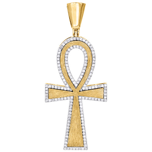 ägyptischer Ankh-Kreuz-Anhänger aus 10 Karat Gelbgold mit Diamanten, matt/satiniert, 2,30 ct.