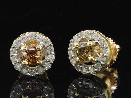 Ladies 10K Yellow Gold Round Cut Brown Champagne Diamond Studs Earrings 0.72 Ct.