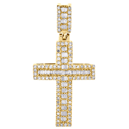 10K Yellow Gold Round & Baguette Real Diamond Cross Pendant 1.30" Charm 1/2 CT.