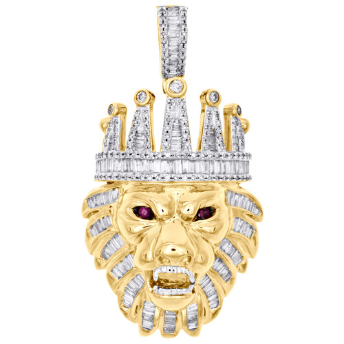10K Yellow Gold Round & Baguette Diamond Lion Crown Pendant 1.90" Charm 1.55 CT.