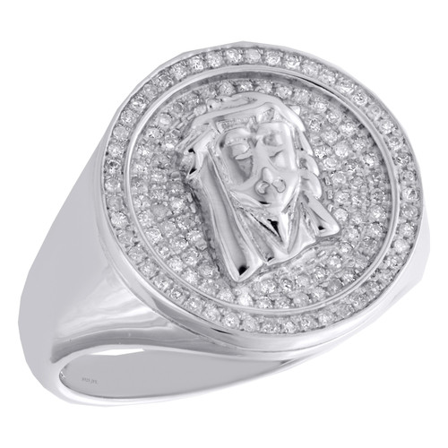 Diamond Pinky Ring Jesus Face 3D Medallion Mens Circle Top Pave Band 1/2 CT.