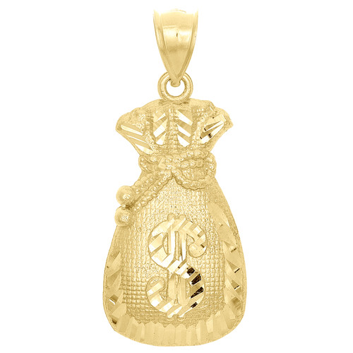 pendentif de sac d'argent en or jaune 10 carats avec signe dollar, taille diamant, breloque de déclaration de 1,65 pouces