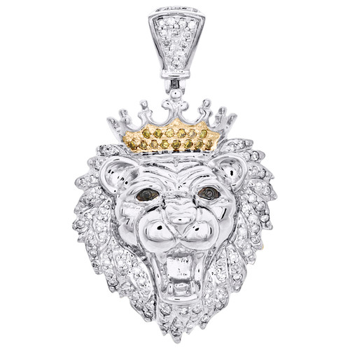 10K White Gold Real Diamond Lion Head Statement Pendant 1.30" Pave Charm 1/3 CT.