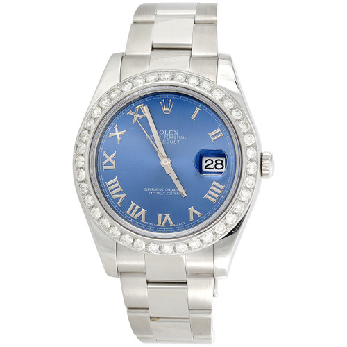 Montre homme 41 mm Rolex datejust ii 116334 diamant cadran bleu azur cadran romain 2,75 ct.