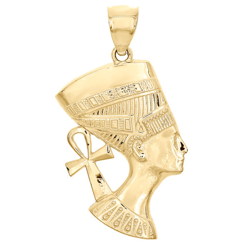 Véritable pendentif reine égyptienne ankh néfertiti en or jaune 10 carats 1,50" charme de déclaration