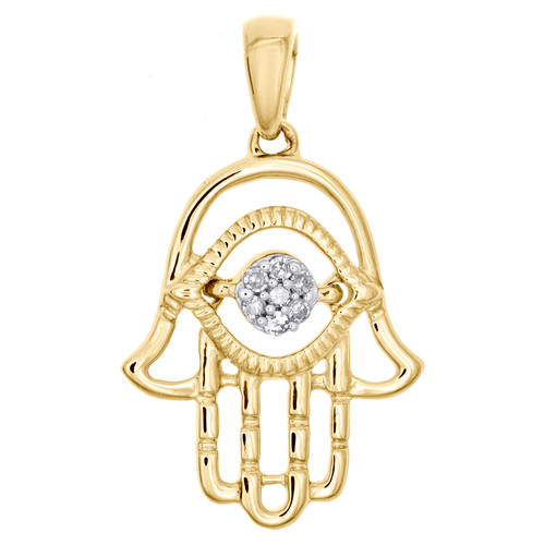 10K Yellow Gold Round Diamond Hamsa Hand Pendant 1" Pave Statement Charm 1/20 CT