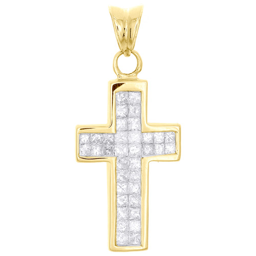 colgante de cruz invisible con diamantes de talla princesa en oro amarillo de 14 k, dije de 1,30" y 1 qt.