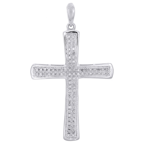 pendentif croix à 2 rangées de diamants ronds en or blanc 10 carats 1,45" breloque pavé pour homme 0,16 ct.