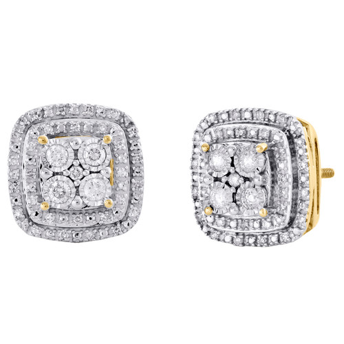 10K Yellow Gold Round Diamond Halo Statement Stud 12mm 4 Prong Earrings 0.35 CT.