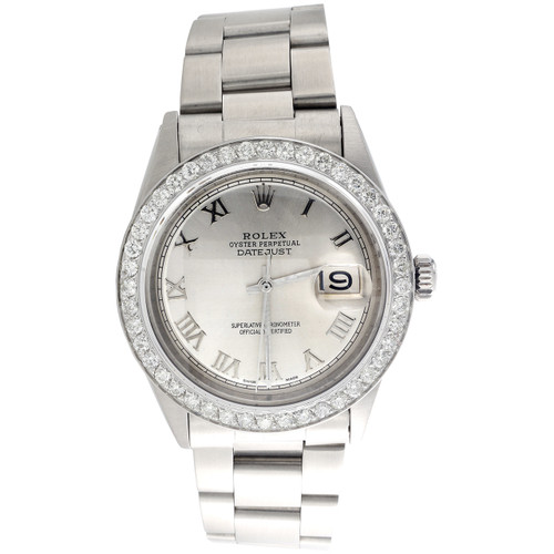 Reloj Rolex Datejust de 36 mm con diamantes para hombre, banda de acero oyster, esfera romana plateada, 1,9 ct