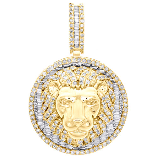 10K Yellow Gold Baguette Diamond Lion Face Medallion Pendant 1.65" Charm 1.85 CT