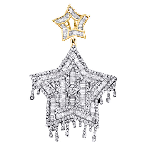 10K Yellow Gold Baguette Diamond Super Star Drip Pendant 2.05" Charm 2.75 CT.