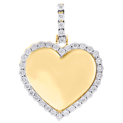 10K Yellow Gold Diamond Heart Picture Memory Frame Pendant 1.30"  Charm 0.10 CT.