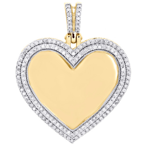 cadre photo à mémoire de forme en forme de cœur en or jaune 10 carats à 2 rangées de diamants, pendentif de 2 pouces, 2 ct.
