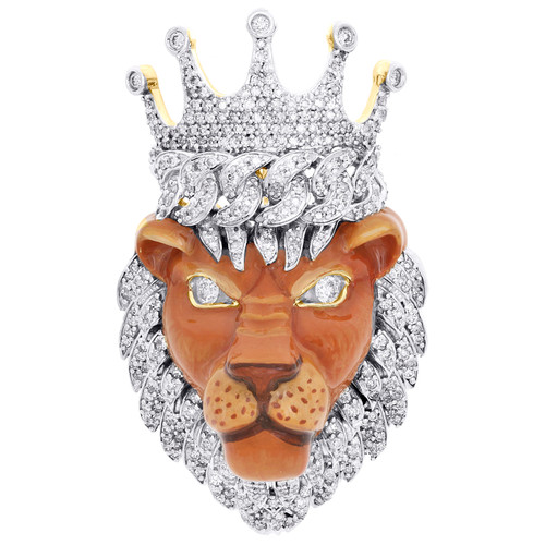 pendentif en or jaune 10 carats avec visage de lion et émail peint en diamant, charme de 2 pouces, 1,75 ct.