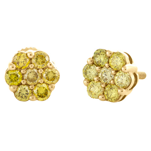 10K Yellow Gold Unisex Canary Yellow Diamond Flower Studs 7mm