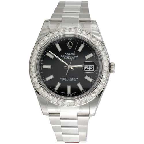 Montre homme 41 mm 116300 Rolex datejust ii en vrai diamant, cadran bâton noir 2,75 ct.