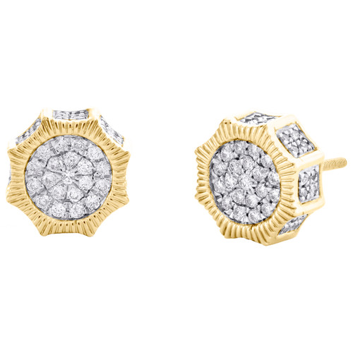 10K Yellow Gold Round Diamond Starburst 3D Stud 12mm Statement Earrings 3/4 CT.