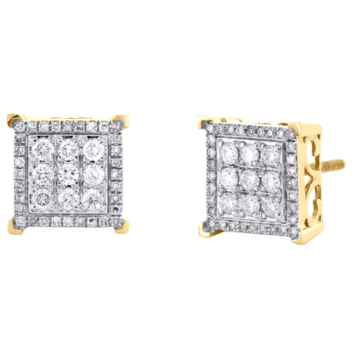 10K Yellow Gold Round Diamond 4 Prong Cluster Stud 11mm Pave Earrings 3/4 CT.