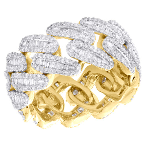 10K Yellow Gold Round & Baguette Diamond Cuban Eternity Band 12mm Ring 2.33 CT.