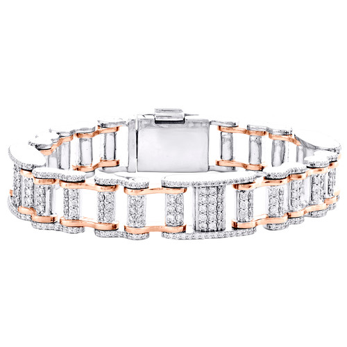 14k vit & roséguld rund diamant 13mm järnvägslänk statement armband 7,1 ct