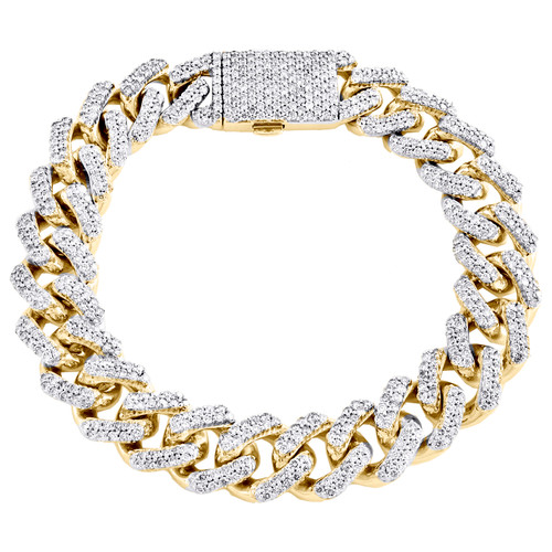 brazalete llamativo de 14 mm con eslabones cubanos de Miami y diamantes redondos en oro amarillo de 10 k, 9,70 ct.