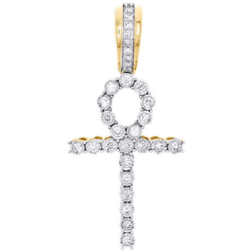 10K Yellow Gold Diamond Egyptian Ankh Cross Pendant 1.95" Miracle Set Charm 1 CT