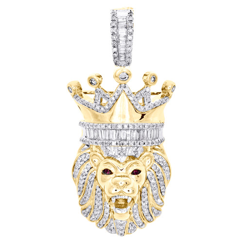 10K Yellow Gold Round & Baguette Diamond Lion Crown Pendant 1.65" Charm 3/4 CT.