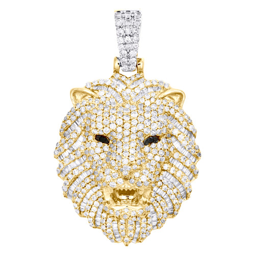 10K Yellow Gold Round & Baguette Diamond Lion Head Pendant Pave Charm 2.70 CT.