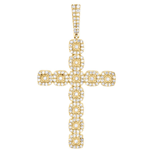 10K Yellow Gold Round Diamond Statement Cluster Cross Pendant 2.70" Charm 2 CT.