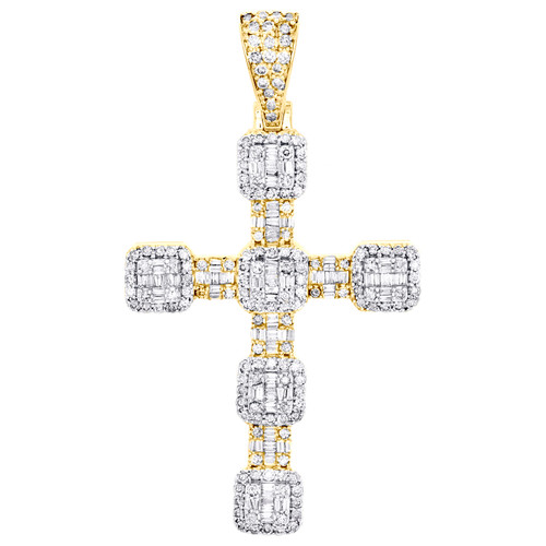 ciondolo a forma di croce fantasia con diamanti rotondi e baguette in oro giallo 10k da 2,45 pollici 2,55 ct