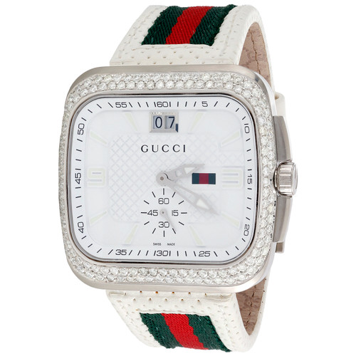 Orologio sportivo da uomo Gucci coupé con grandi diamanti, cinturino con bandiera rossa e verde, 4 ct. ya131303