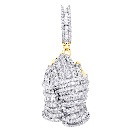 10K Yellow Gold Round & Baguette Diamond Praying Hand Pendant 1.7" Charm 1.73 CT