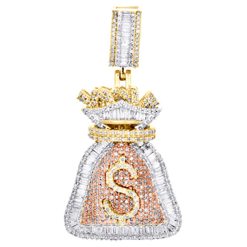 pendentif de sac d'argent en or jaune 10 carats avec diamant rond et baguette, breloque de 1,75 pouces, 1,85 ct.