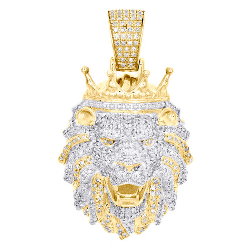 10K Yellow Gold Round Diamond Lion Head Crown Pendant 1.65" Pave Charm 1.05 CT.