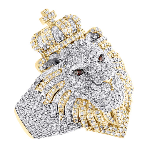 10K Yellow Gold Diamond Lion Head Crown King Pinky Ring 30mm Pave Band 1.55 CT.