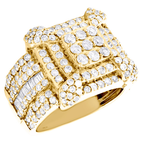 bague de déclaration en or jaune 10 carats avec diamants ronds et baguettes à plusieurs niveaux 3,3 ct