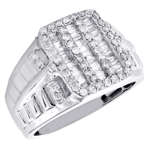 10K White Gold Round & Baguette Diamond Tiered Step Shank Pinky Ring Band 1.2 CT