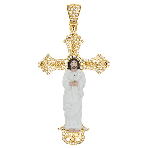 ciondolo con croce di Gesù crocifisso in oro giallo 14k con diamanti rotondi da 2,45 pollici, 0,55 ct.