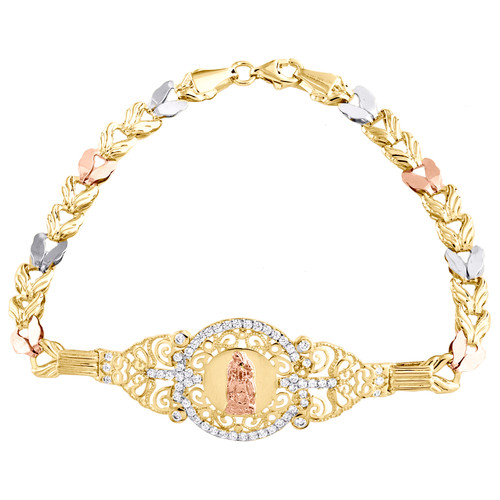 14k trefärgat guld fancy link mother mary 17mm id filigran cz armband 7,50"