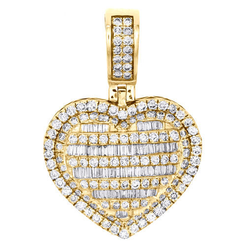 10K Yellow Gold Round & Baguette Diamond Domed Heart 1.40" Pendant Charm 2.31 CT