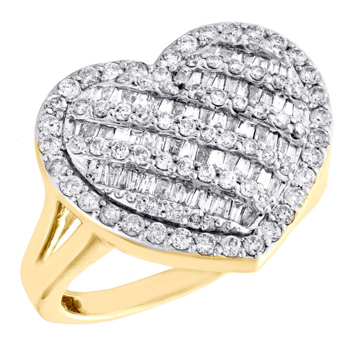 bague tendance en or jaune 10 carats avec diamant rond et baguette en forme de cœur bombé de 17 mm, 1,18 ct