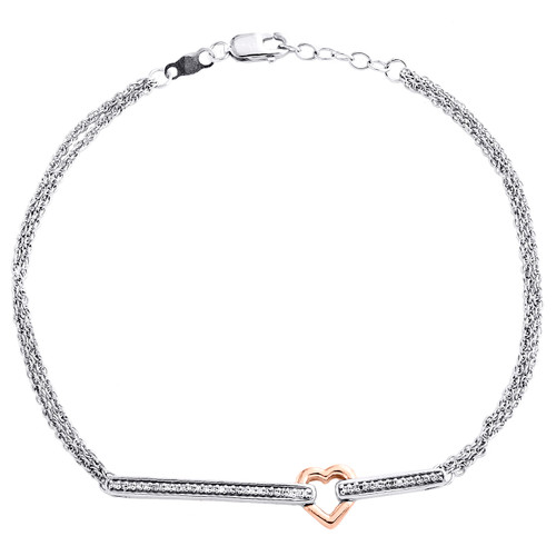 brazalete de eslabones con barra de diamantes en oro blanco de 10 k, corazón de rosa, doble hebra, 7,75" y 0,12 ct.