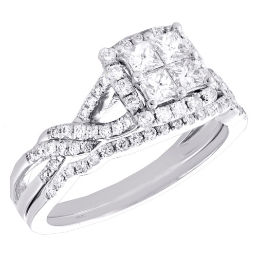 10K White Gold Quad Diamond Bridal Set Braided Engagement Ring + Band Set 1 Ct.
